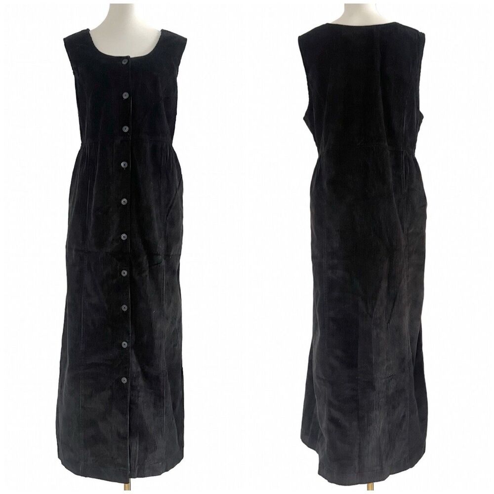 NWT Vintage Eddie Bauer Black Corduroy Cotton Button Front Maxi Dress Womens L